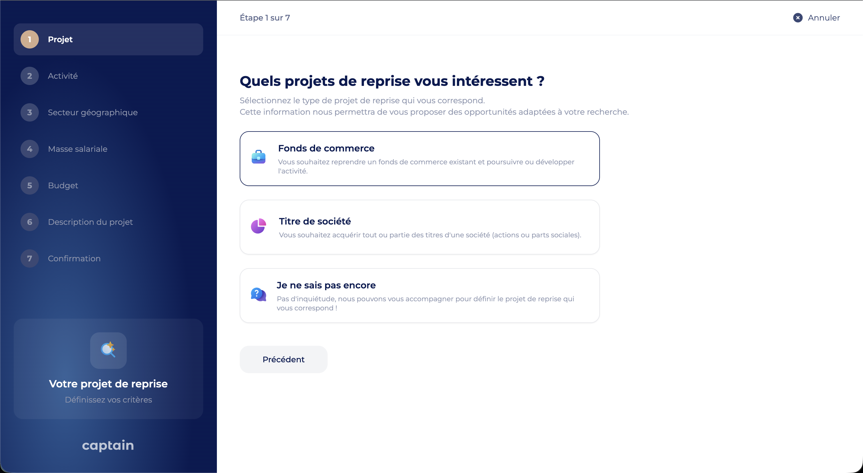 Interface projet de reprise Captain